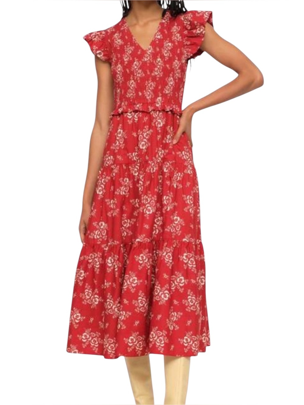 Sea NY Alessia Cotton Floral Flutter Sleeve V-Neck Smocked Tiered Midi Dress